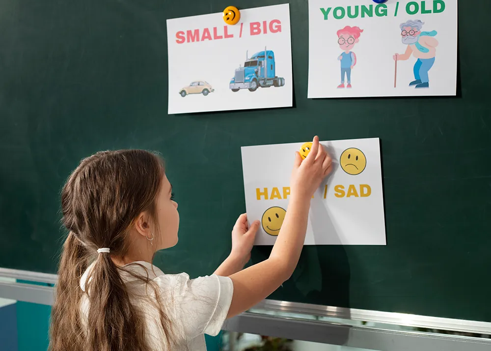 Una bambina attacca alla lavagna un cartellone con le parole Happy e Sad