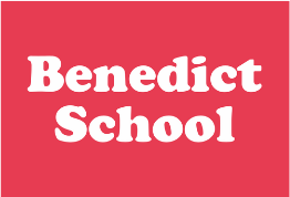 Il logo del 1993: Benedict School in bianco su un rettangolo rosso corallo.